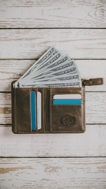 Photo wallet with money on white wooden table top view copy space