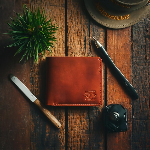 a wallet with a pen and a cup of coffee on a table