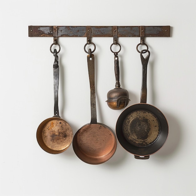 A wallmounted pot rack with hooks for hanging pots and pans