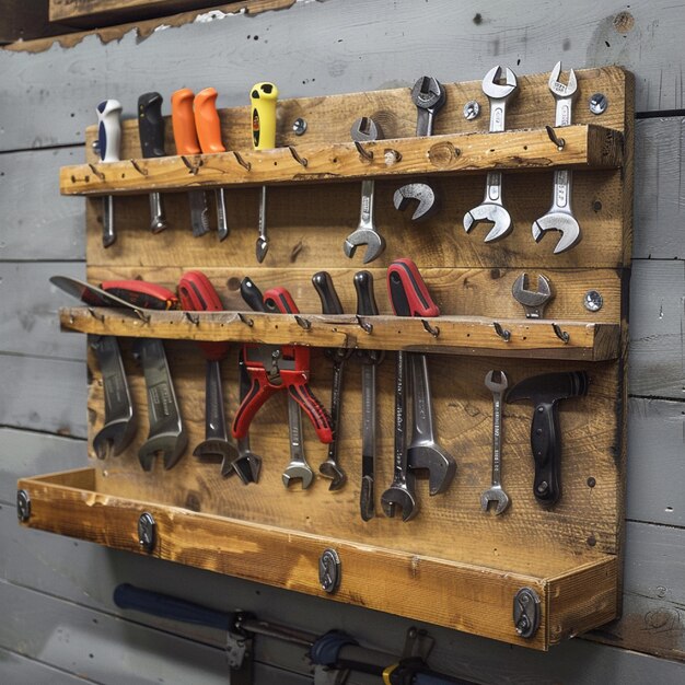 Photo a wallmounted tool rack with hooks and holders for various tools