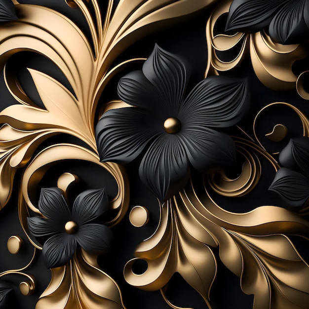 Wallpaper 3d classic black luxury and gold Flower