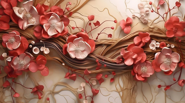 Wallpaper 3D classic floral painting red