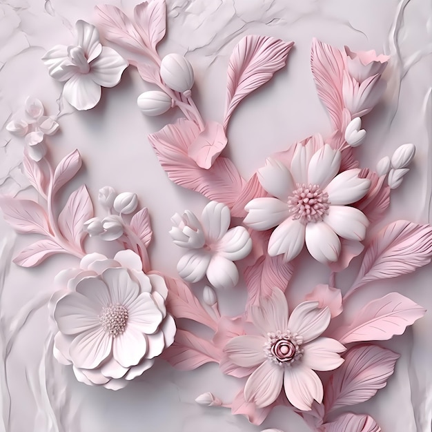 Wallpaper 3d classic floral pink and white marble