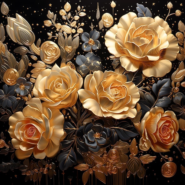 Wallpaper 3D classic flower gold and black pattern