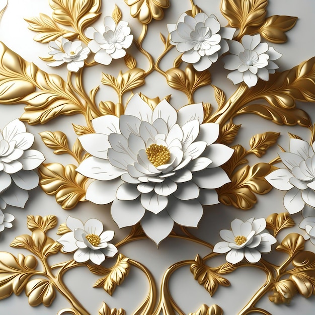 Wallpaper 3d classic flower ornament design golden texture and white