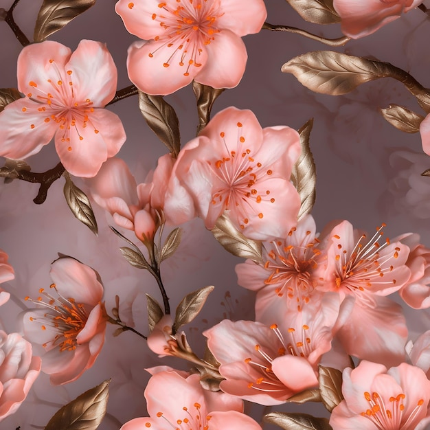 wallpaper 3d flower Seamless pattern with a pink flowers and leaves on a gray background