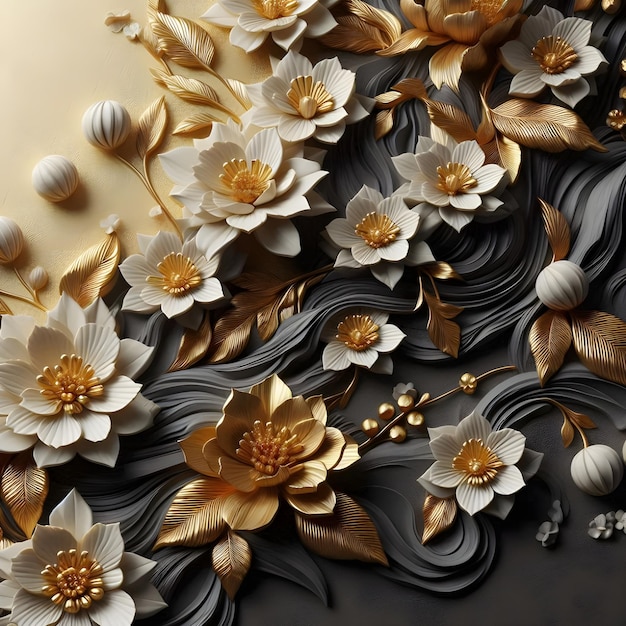 Wallpaper 3d flowers pattern black and gold luxury ai generator