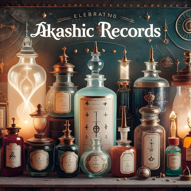 a wallpaper background celebrating akashic records in a vintage apothecary style