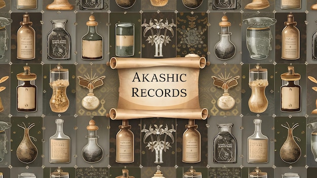 a wallpaper background celebrating akashic records in a vintage apothecary style