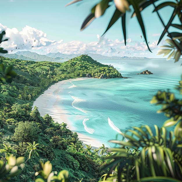 wallpaper background featuring a serene ocean landscape coconut trees and crashing wave tropical