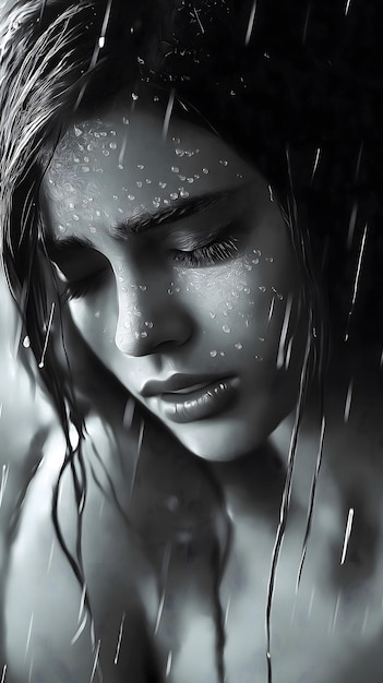 Photo a wallpaper depicting a womans emotional expression crying in the rain with a sad and dim backgro