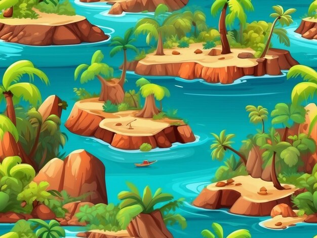 a wallpaper design with a river and palm trees