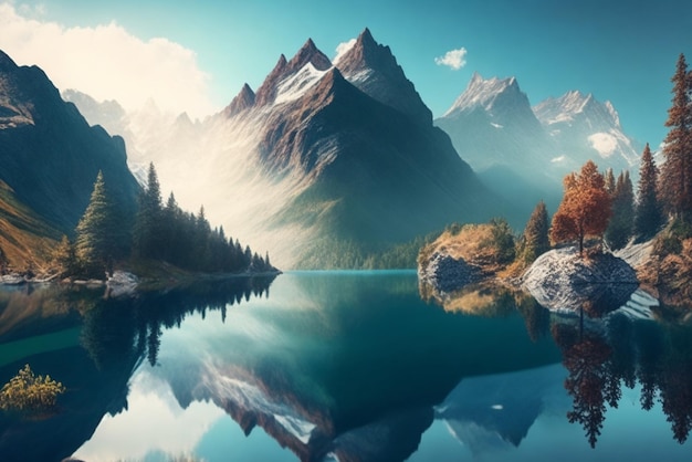 Wallpaper Deskto Beautiful Mountain And Generative Lake There