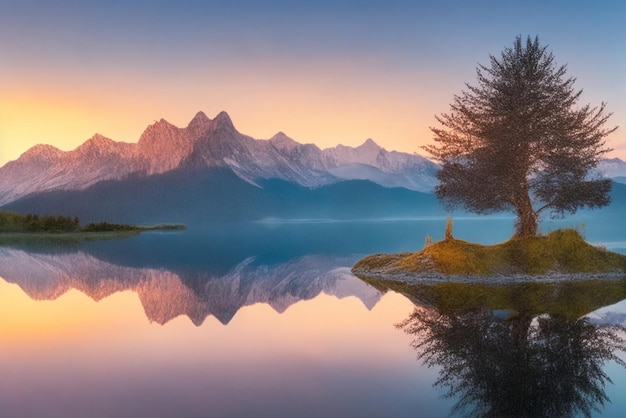 Wallpaper Desktop Majestic Mountain Range At Sunrise With Small Lake And Lone Tree In Foreground