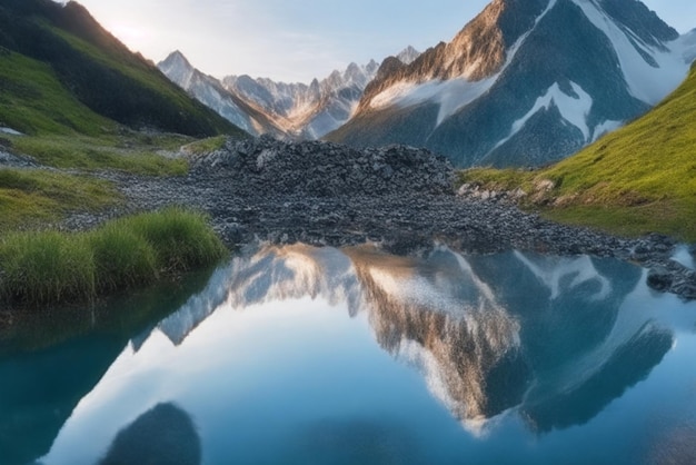 Wallpaper Desktop Mountain Range Reflected In Calm Water Generating Stream