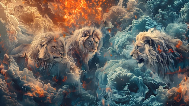 Photo wallpaper featuring fire water and lions