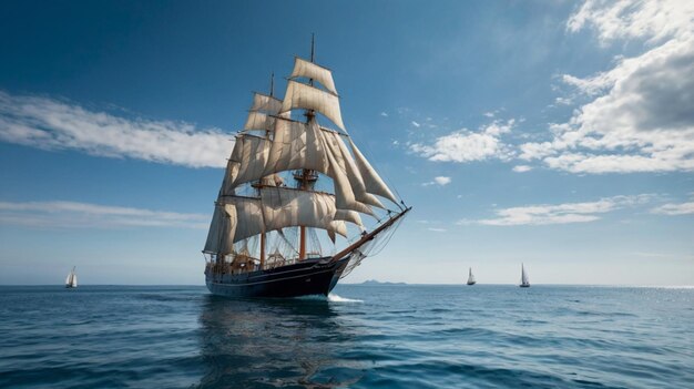 A wallpaper featuring a seascape with a sailing ship gliding over calm blue waters and a clear sky