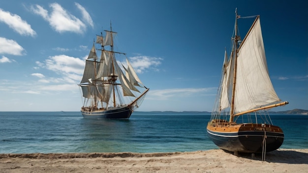 A wallpaper featuring a seascape with a sailing ship gliding over calm blue waters and a clear sky