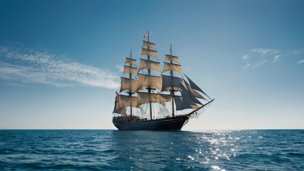 A wallpaper featuring a seascape with a sailing ship gliding over calm blue waters and a clear sky