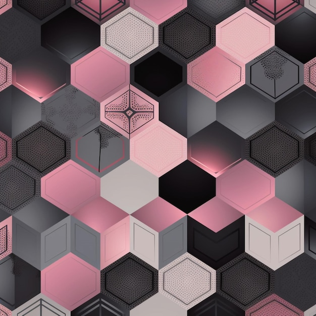 A wallpaper of hexagons with pink and black colors