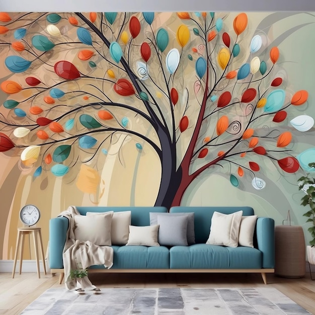 The wallpaper for the living room is a tree with colorful eggs