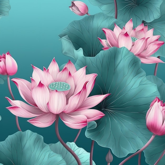 A wallpaper of lotus flowers with a blue background.