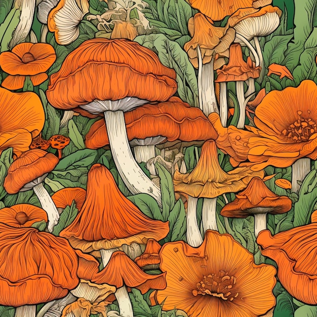 A wallpaper of mushrooms with a green background