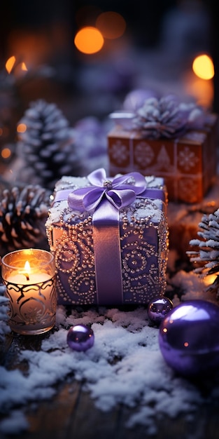 Photo wallpaper for phone with a beautiful gift and candles and a bokeh on the background