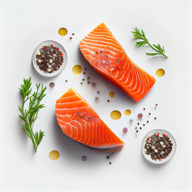 Wallpaper Raw salmon steaks with fresh seasonings on white background top view frame top view white background wide photo generate ai