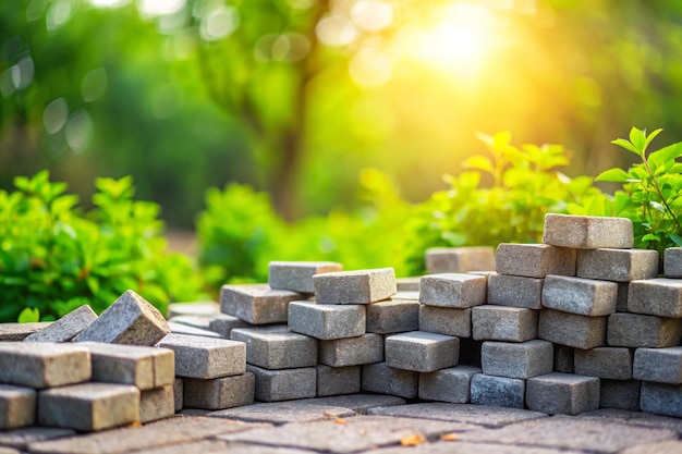 Photo wallpaper texture or pattern or background of a messy pile of paving blocks with copy space on a bokeh and blurred green plant background