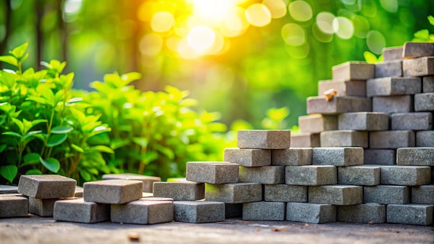 Photo wallpaper texture or pattern or background of a messy pile of paving blocks with copy space on a bokeh and blurred green plant background