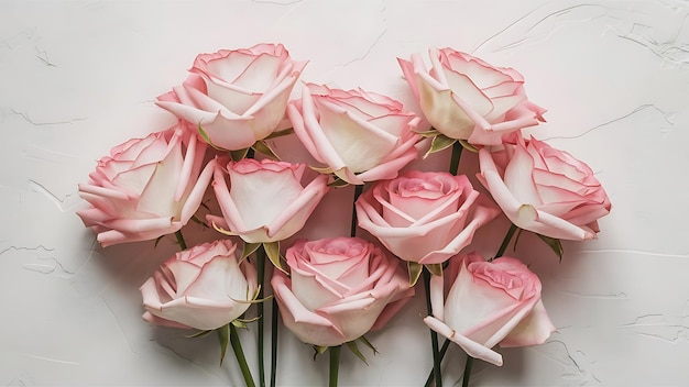 Wallpaper texture pink roses on white background flat lay top view