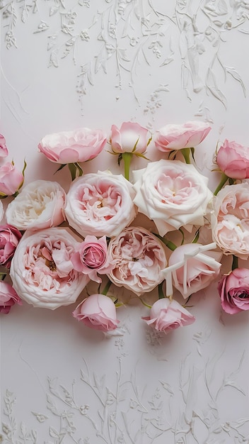 Wallpaper texture pink roses on white background flat lay top view