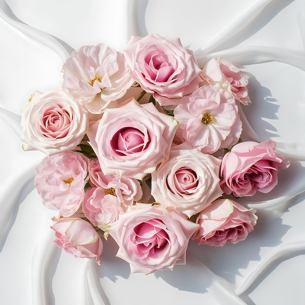 Wallpaper texture pink roses on white background flat lay top view