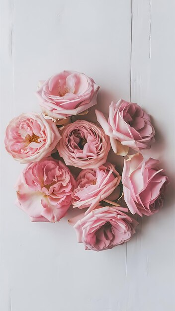 Wallpaper texture pink roses on white background flat lay top view