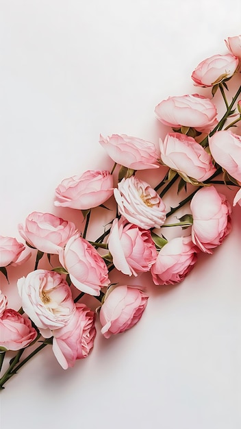 Wallpaper texture pink roses on white background flat lay top view