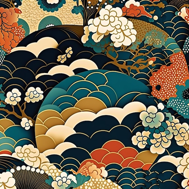 A wallpaper that has a pattern of japanese flowers and trees.