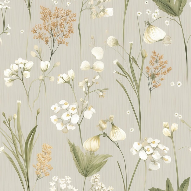 A wallpaper that is beige and has white flowers on it