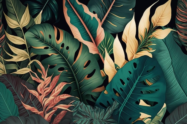 A wallpaper of tropical leaves with the words jungle on it.