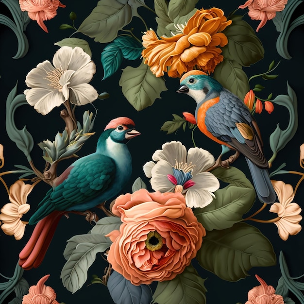 A wallpaper with a bird and flowers on it