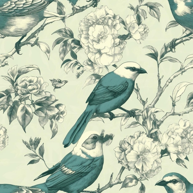 A wallpaper with birds on it and a white flower on the right.