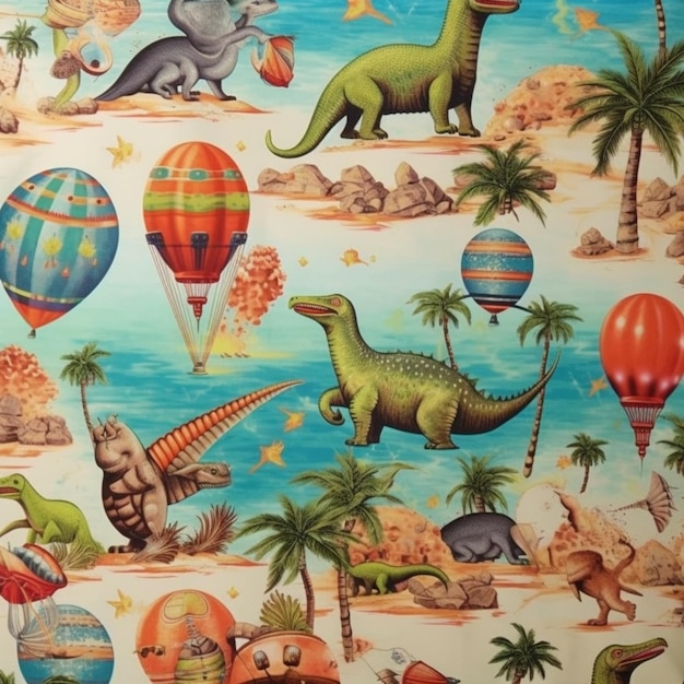 A wallpaper with a dinosaur and a palm tree with a balloon and a balloon.