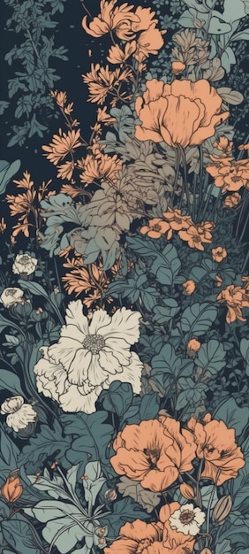 A wallpaper with a floral pattern in blue and orange.