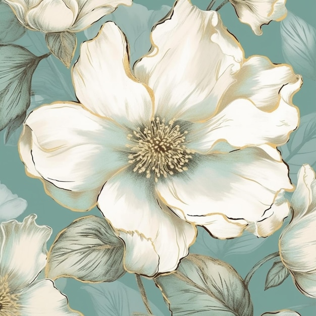 A wallpaper with a floral pattern in blue and white.