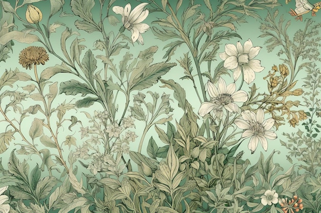 A wallpaper with a floral pattern in green and white.