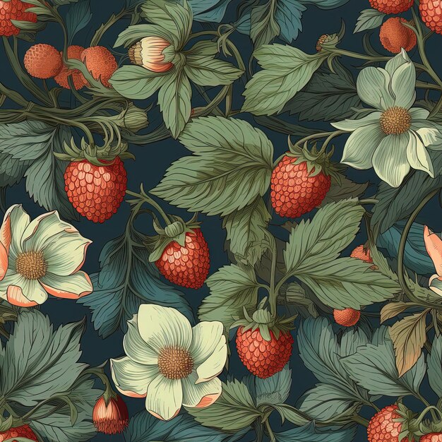 Photo a wallpaper with flowers and berries on it