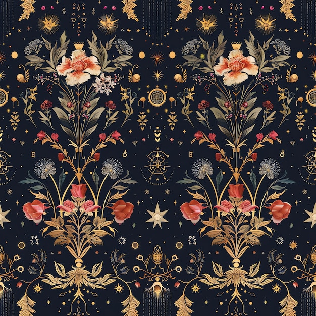 a wallpaper with flowers and a gold star on it