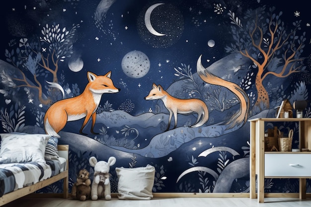 A wallpaper with a fox and a moon on it