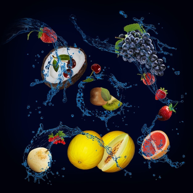 Wallpaper with fruits in water juicy coconut melon currant cherry grapes are very healthy