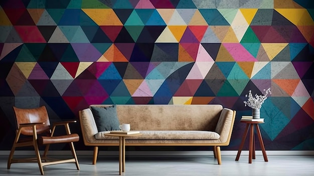 A wallpaper with a geometric design in a living room.